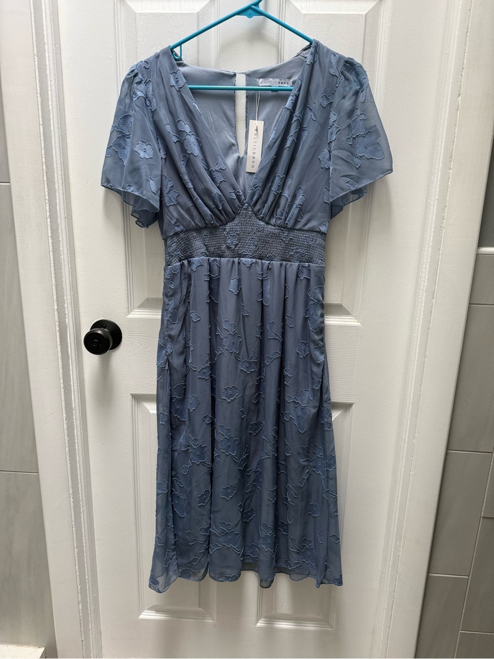 Baltic Born Dusty Blue V-Neck Embroidered Midi Dress